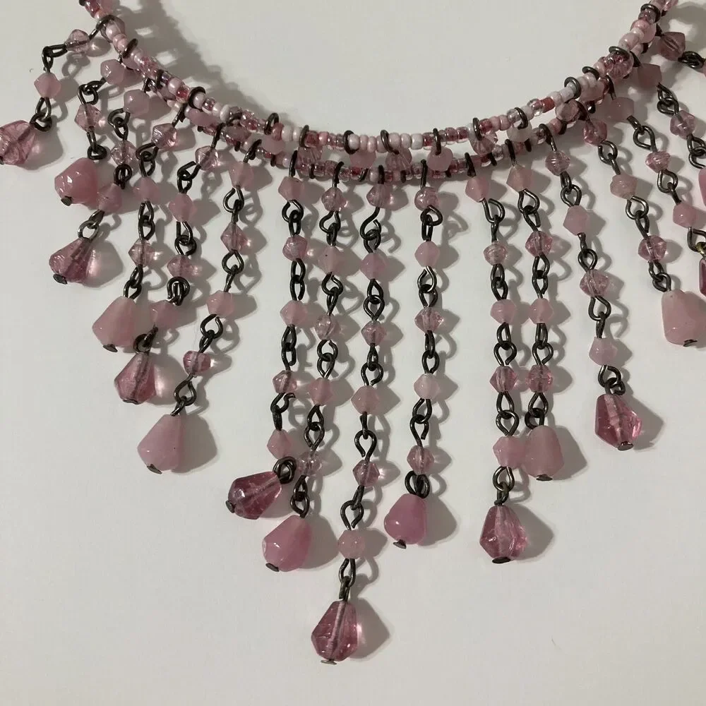 Pink White Choker Collar Bib Tassel Tear Drop Dangle Seed Bead Necklace Bohemian